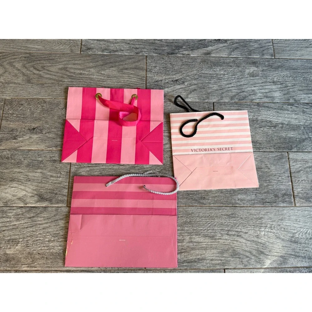 Victoria's Secret Gift Bags Set of 3 Pink Striped Lingerie Paper Bag Tote Ribbon